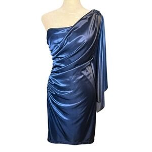 Hailey Ombre One Shoulder Cocktail Dress Navy Cobalt Beaded Draped Size 4